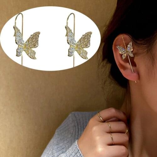Trendy Cubic Zirconia Butterfly Ear Wrap Crawler Crystal Stud Earrings For Woman Hook Earrings Climber Earring Jewelry 1PC