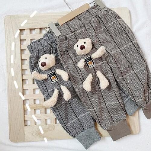 Fashion Girl Bear Pendant Plaid Casual Pants 2021 Spring New Children 1-3 Years Old Can Open Files Loose Soft Boutique Trousers