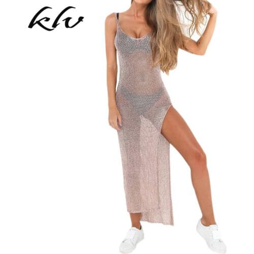 Women Sexy Summer Sunscreen Sheer Mesh Bikini Cover Up Metallic Solid Color Backless High Slit Beach Club Party Sleeveless Dress