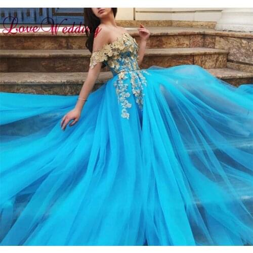 New Arrival Strapless Gold Lace applique Evening Dresses Custom made Ocean Blue Tulle Formal Long Evening Party Gown