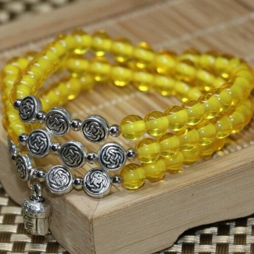 Original design new fashion buddha pendant yellow resin synthetic beeswax 6mm round beads long multilayer bracelet jewelry B2261