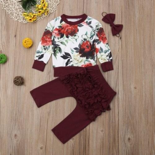 Pudcoco Autumn Newborn Baby Girl Clothes Flower Print Long Sleeve Tops Solid Color Ruffle Long Pants Headband 3Pcs Outfits Set