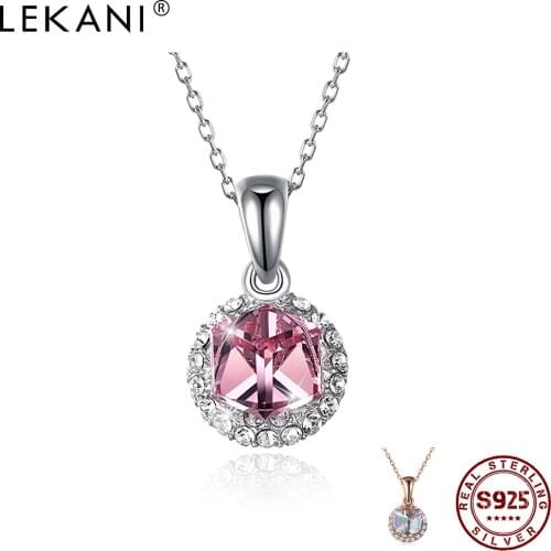 LEKANI 925 Sterling Silver Necklaces Lovely Square Pendant Necklace For Women Double-Sided Austria Crystal Fine Jewelry Gift