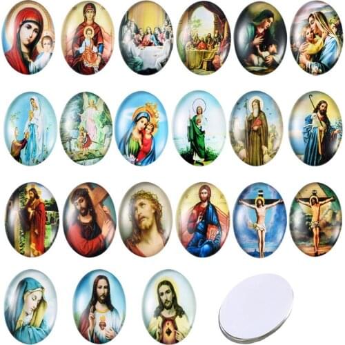 Jesus and the Virgin Printed Glass Oval Cabochons, Mixed Color, 25x18x6mm