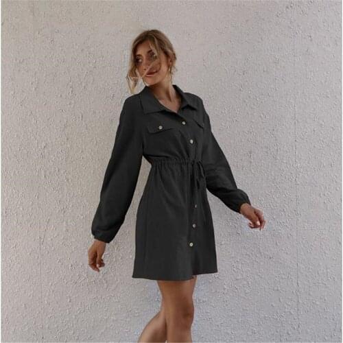 Women Vogue Casual Buttons Dress Long Sleeve Tie Waist A-Line Mini Dress Office Ladies Solid Elegant Vintage Stylish Dresses