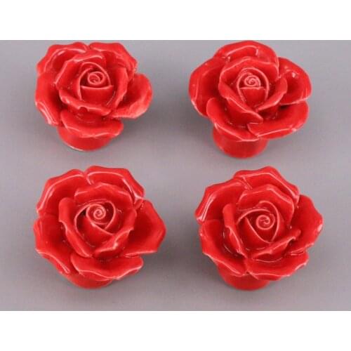 4PCS Rose Flower Kitchen Cabinet Cupboard Handles Pull Knob Creative Drawer Cupboard Cabinet Pull Handle Red Ceramic Knob