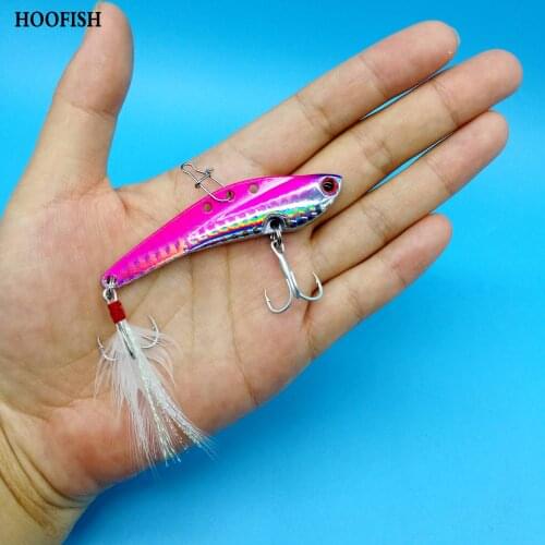 HOOFISH 5PCS/Lot Vibration Spoon Bait 13g/18g/25g/30g Metal Jig VIB Fishing Lure With Feather Hooks Wobbler Swimbait Tackle