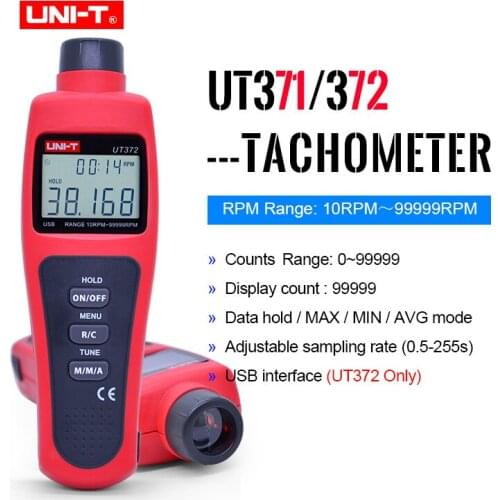 UNI-T Tachometer UT371 UT372 Measuring Rotation Speed of Shaft or Disc (on/ Off) Laser Pointer RPM / Count and Time Dual Display