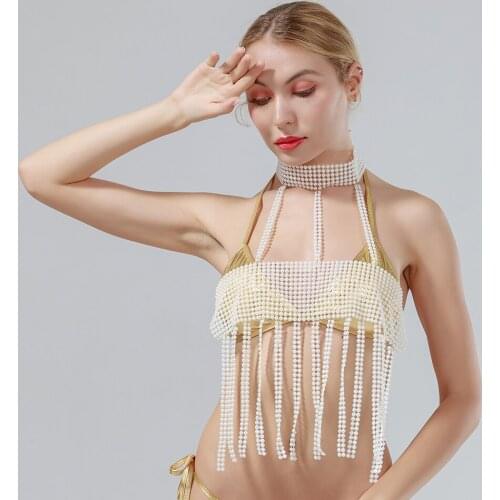 Pearl Decor Top Linked Halter Tassel Bra Womens Sexy Chest Chain Gothic Fashion Nightclub Festival Jewelry Accessories