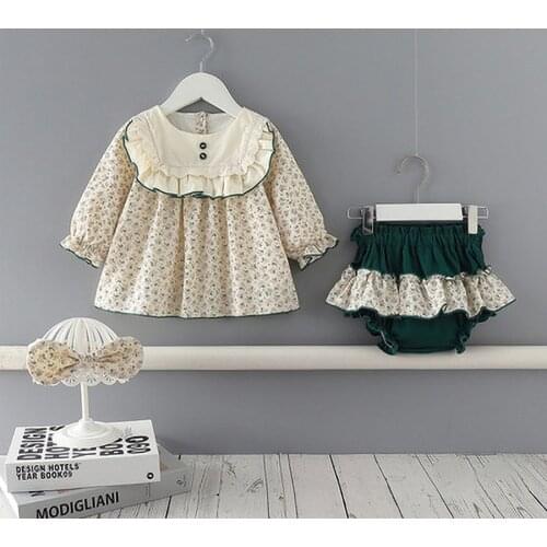 Spring and Autumn Baby Print Suit Cotton Long-Sleeved Cute Floral Two-Piece Beige Floral Blouse + Green Culottes