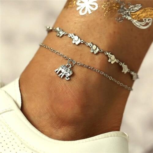 Modyle Vintage Multiple Layers Anklets For Women Retro Elephant Pendant Foot Jewelry Barefoot Sandals Ankle Bracelet