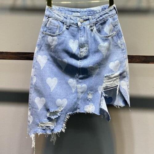 Summer love printing irregular tassel hole denim skirt women high waist knee-length A-line skirt