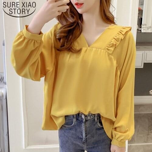 Fashion Doll Collar Chiffon Women Shirts Long Sleeve Women 2021 Autumn New Loose V Collar Women Blouses Women Tops 6433 50