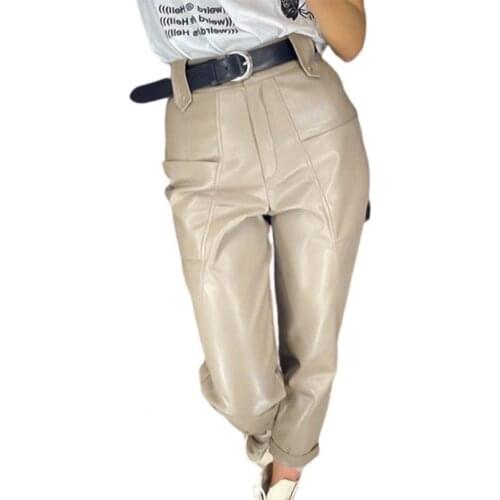 2021 Women Pants Fashion High Waist Pockets Faux Leather Pencil Pants Trousers Streetwear great for lounge wear штаны