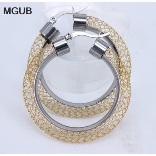 MGUB 3color Gold color Women Gift Sale Fashion Jewelry Stainless Steel Mesh Wives Round Fancy Hoop Earrings LH48