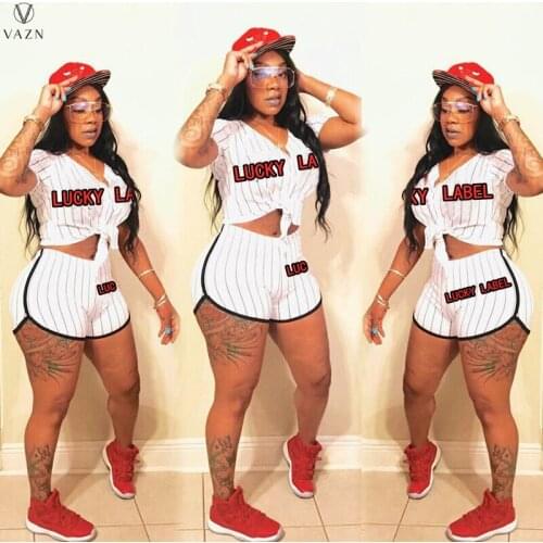 VAZN 2021 Lucky Label Summer Bandage V-Neck Short Sleeve Letter Striped Sport Clothing Suits 2 Piece Set Women Top And Pant