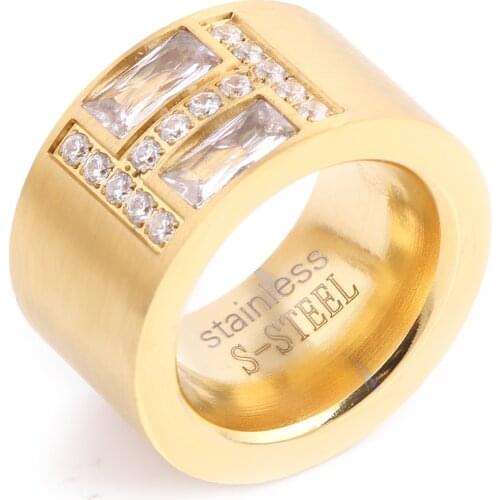 New Arrival Gold-Color Ring Bijoux 14mm Width Big Pave Setting CZ Zicon engagement Ring For Women Wedding Jewelry