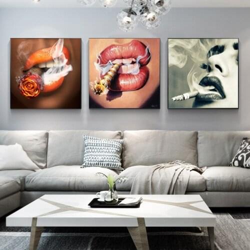 Sexy Woman Lips Cigarette Art Canvas Painting Modular Wall Art Posters and Prints Picture for Living Room Home Design Decor