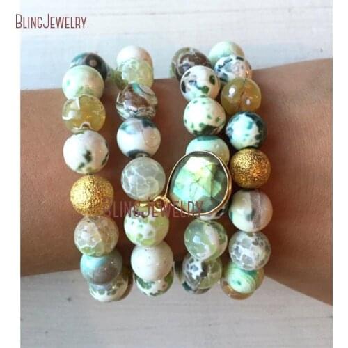 Labradorite Gold Bezel Charm Bracelet Light Green White Fire Agates Bead Gold Dusted Accent Beads Bracelet BM18384