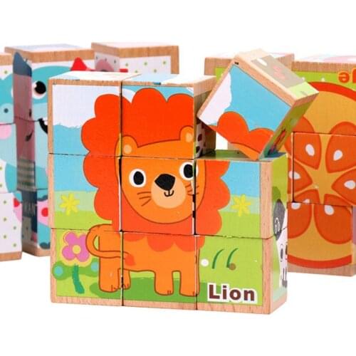 3d Wooden Building Blocks Animal Fruit Traffic Toys For Kids Montessori Educational Six-sided Cubes Block Children Toy Gift