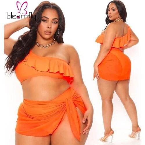 Large Plus Size Womens Sexy Three Piece Swimsuit Set One Shoulder Crop Top And Skirts Beach Wear Holiday Suits Club Outfits 5XL