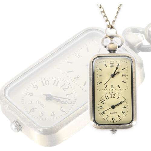 Steampunk Pocket Watch Dual Double Time Zone Movement Necklace Chain Clock Rectangle Dial Vintage Quartz Watches LL@17