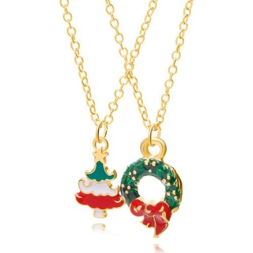 Two-piece Christmas Theme Necklace Pendant Cute Christmas Tree Green Christmas Wreath Fashion Jewelry Christmas Gift