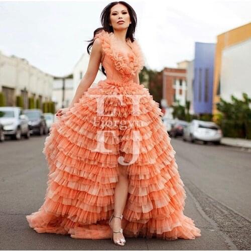 Elegant Deep V-Neck Ruffles Tiered Coral Formal Party Dress Slit A-Line Sweep Train Custom Made Prom Gown Sweet 16 Birtday Wear