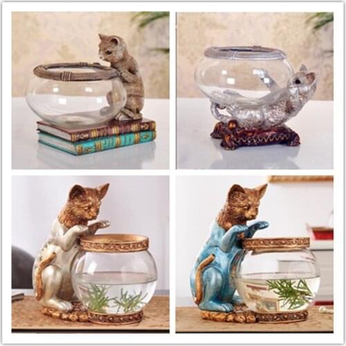 American style home creative decoration, cute kitten craft statue fish tank, home office restaurant table decoration