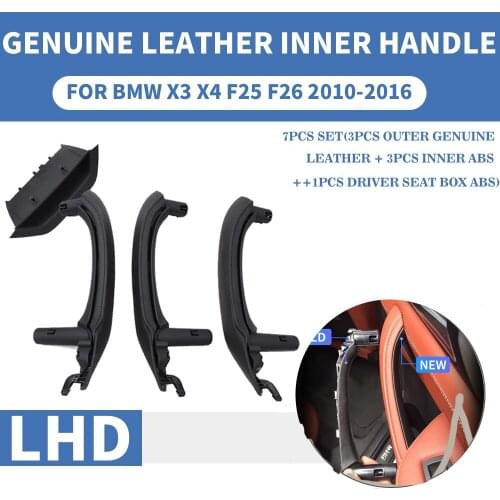 LHD RHD Genuine Leather Black Car Front Rear Left / Right Interior Door Handle Inner Panel Pull Trim Cover For BMW X3 X4 F25 F26