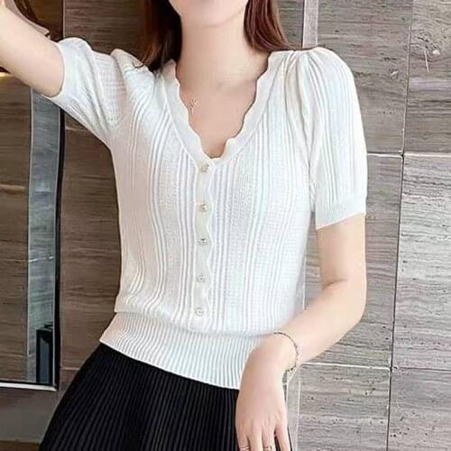LJSXLS New V-Neck Short Sleeve Sweater Woman Summer Fashion Button Knitted Pullovers Womens Sweater White Elegant Slim Top Femme