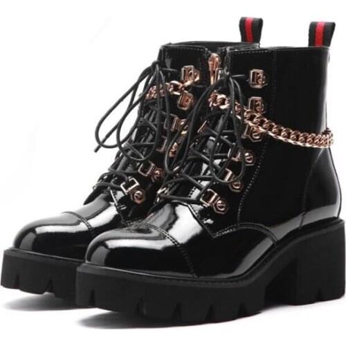 Muffin Heel Motorcycle Boots Metal Decor Lace Up Chunky Medium Heel Spring Autumn Winter Women Shoes Fashon Black Casual Booties