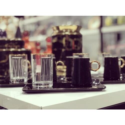 6-Piece Porcelain Black Cup Set Gold Coffee Side Water Glass Porcelain Cup Creative Porcelain Cup And Saucer Ceramic Modern