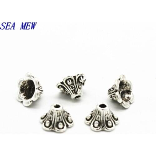 SEA MEW 100 PCS 9mm*5mm Antique Silver Color Flowers End Beads Vintage Metal Alloy Bead Cap For Jewelry Making