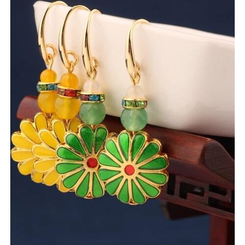 Fashion Antique yellow crystal sun flower earrings vintage green enamel drop earrings for women and girl jewelry серьги