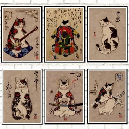 Vintage poster .Japanese Samurai cat/Tattoo cat vintage poster retro cafe room wall decorative painting poster/905
