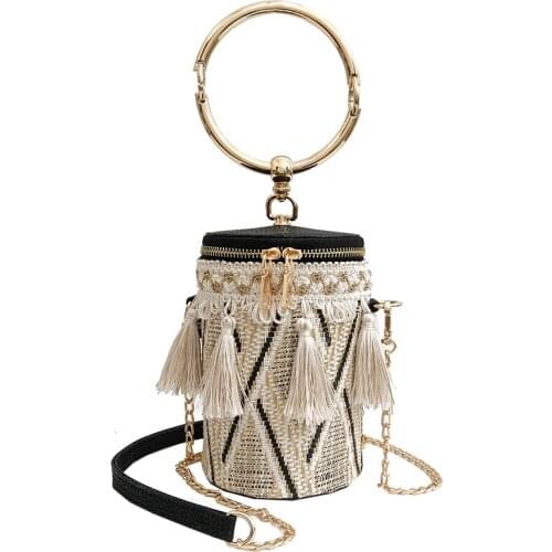 2021 Summer Fashion New Handbag High quality Straw bag Women bag Round Tote bag Hand Metal Ring Tassel Chain Shoulder Travel bag