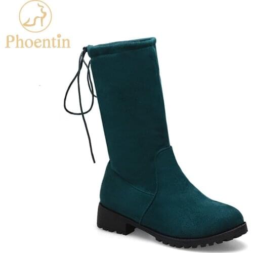 Phoentin 2019 green women mid calf boots round toe flat heels round toe flock female shoes back lace up plus size 34~46 FT708