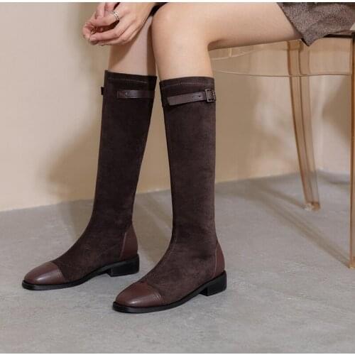 Womens shoes 2021 Knee-High Flock Slip-On Square Toe boots for women big size 31-48