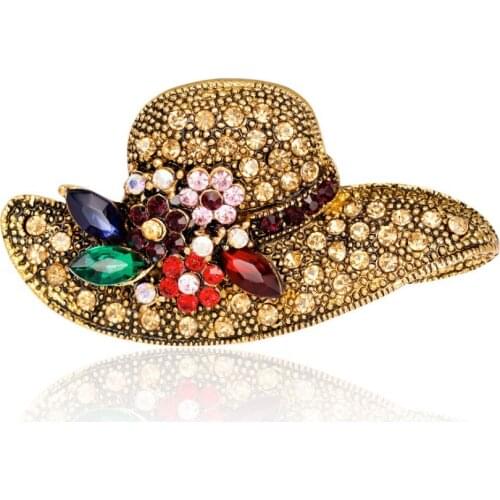 Vintage Style Full Rhinestones Lady`s Hat Shape Fashion Brooches