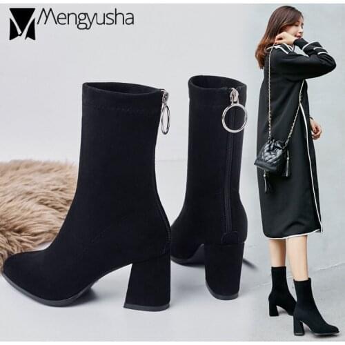 Zipper ShortBoots Woman Mid-Calf Flock Stretch Footwear Winter Warm High Heels Chelsea Botas Thick Heels Motorcycle Botines
