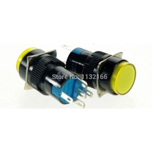 10pcs 6V/12V/24V/110V/220V For Choose Pilot Light Lamp 16mm Hole Yellow 1NO 1NC Contact 5 Pin SPST Momentary Push Button Switch