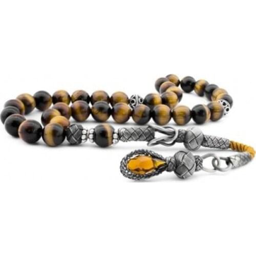 33 Beads Tiger Eye Muslim Prayer Tasbih Misbaha Islamic Jewelry Subha Capsule Cut Tassel 925 Caliber Silver