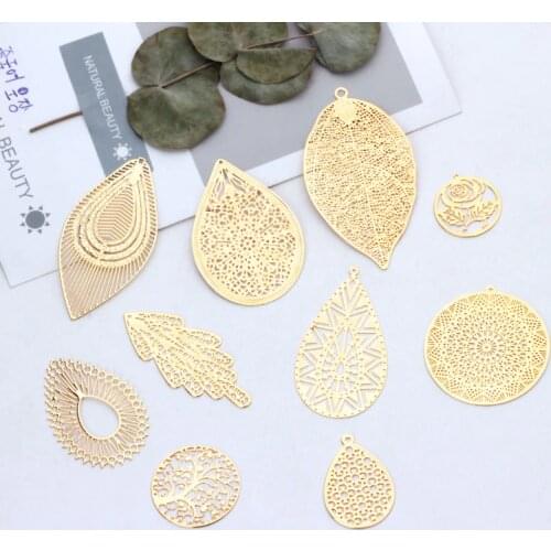 Diy accessories pure copper plated true gold geometric hollow water drop round leaf jewelry material earrings pendant