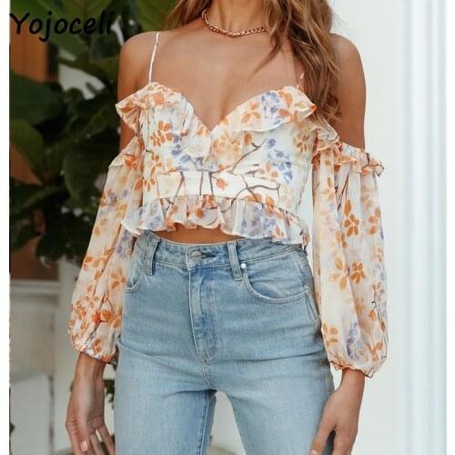 Yojoceli sexy V-neck print blouses shirt 2021 women lantern sleeve blusas female spaghetti strap nine quarter boho new blouses