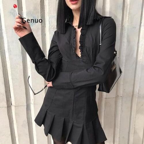 Black Dress Autumn and Winter New Ins Fashion All-Match Slim Long-Sleeved Lapel Pleated Skirt Polos Dresses for Women 2021