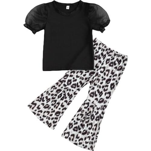 Kids Baby Girls Fashion 2-piece Summer lovely Outfit Set short sheer Puff Sleeve round neck Tops Leopard print Flared Pants Set