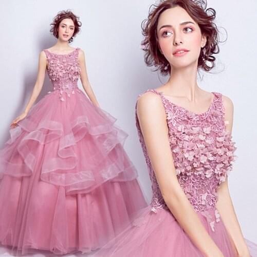 Long Pink Ball Gown Round Neck Sleeveless Lace Embroidery Evening Party Dress Appliques Ruffles Tulle Prom Dress For Wedding