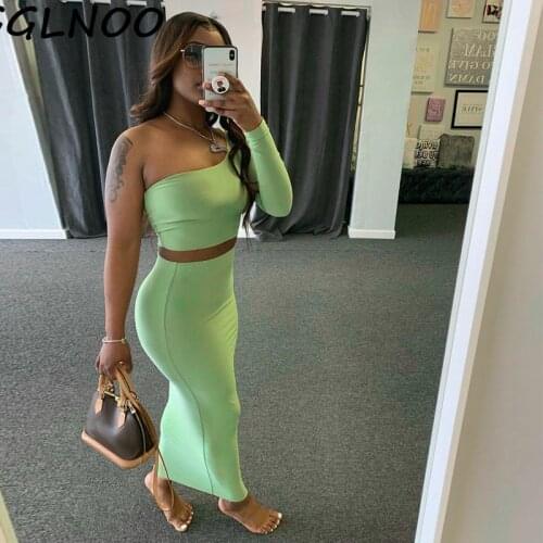 GGLNOO Women Sexy One Shoulder Top Cloth and Hip Skirt Suit Long Sleeve Party Night Dress Vestidos 2 Piece Set GG22833