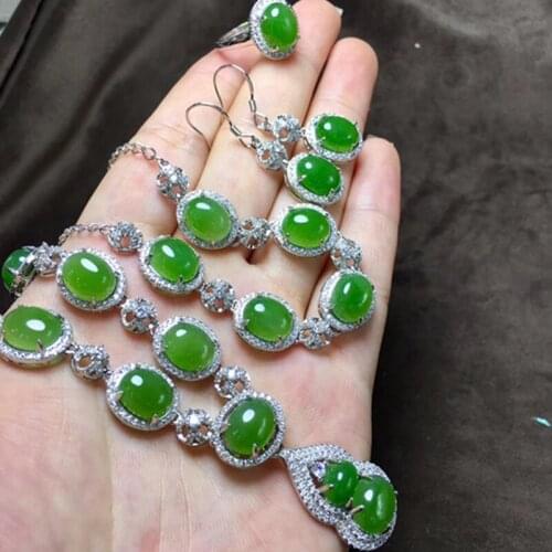 Hetian Biyu three sets of spinach green pendant ring earrings